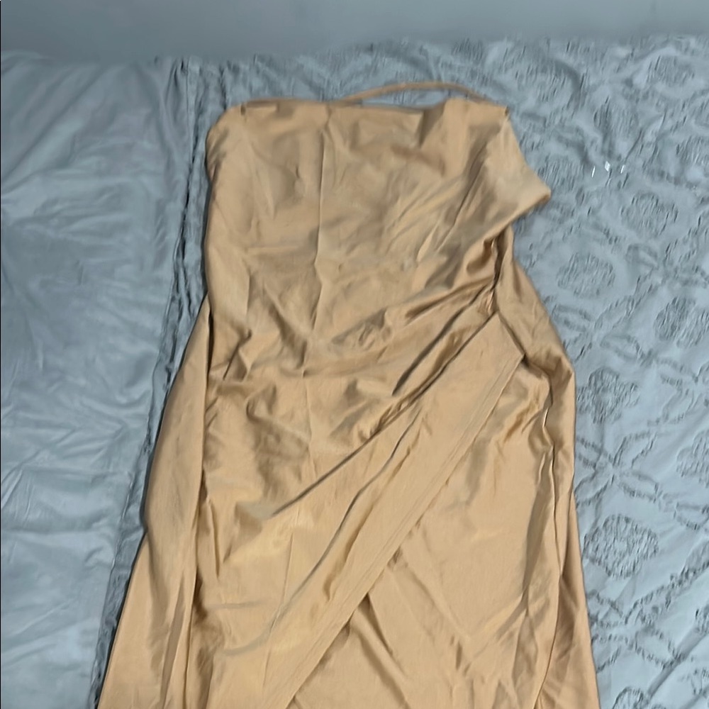 Elegant One Shoulder Tan Dress